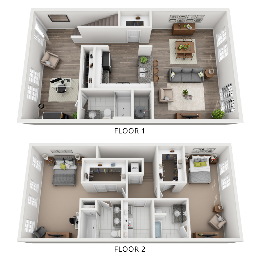 Rendering of the B2 floor plan with 2 bedroom[s] and 3 bathroom[s] at Milo (Garden)